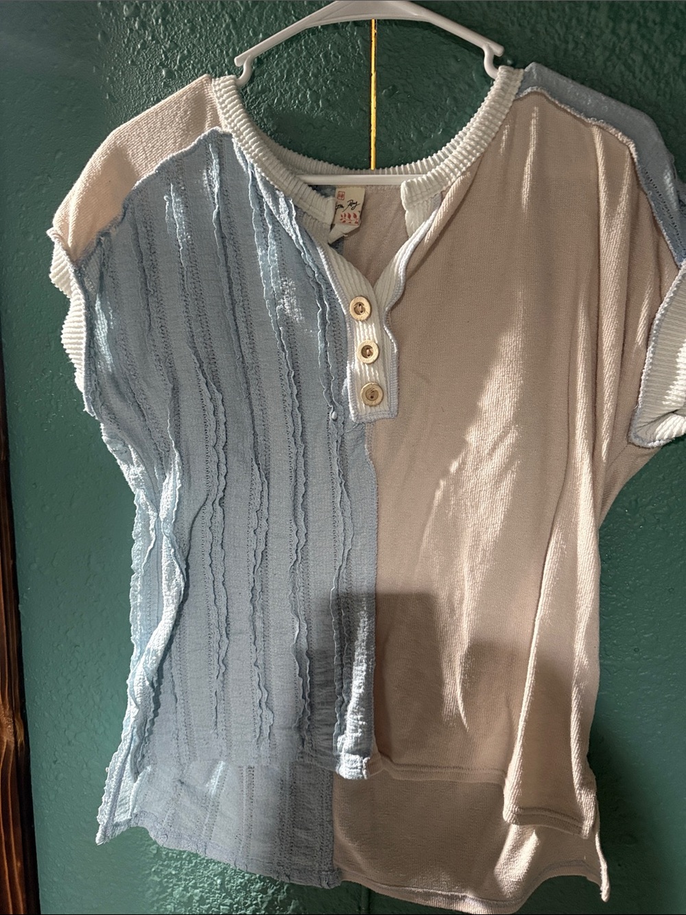 7th Ray Light Blue and Cream Split Knit Henley